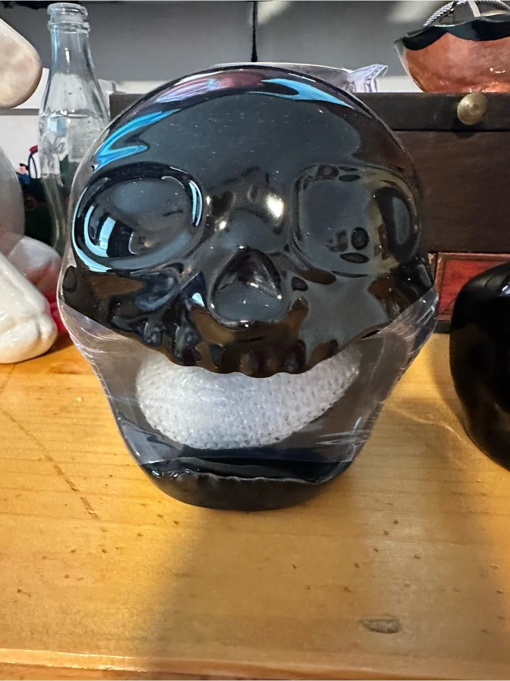 Black Glass Skull Sponge Holder -and salt and pepper shakers